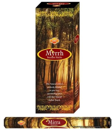 Aromasenses | Incienso de Mirra Hexagonal Sac | Caja de 6 Tubos con 20 Varillas c/u | Fragancia Intensa y Terrosa | Ideal para Meditación, Bienestar y Purificación Energética | Aroma Prolongado
