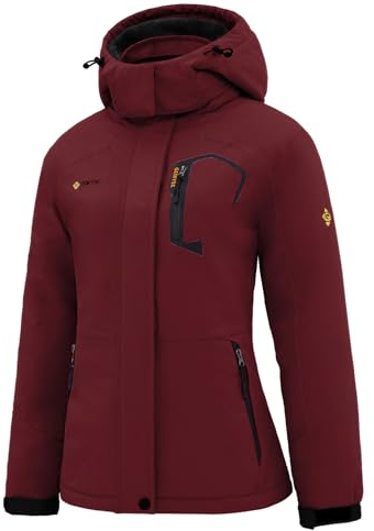 GEMYSE Damen wasserdichte Berg-Skijacke Winddichte Fleece Outdoor-Winterjacke mit Kapuze (Weinrot,XL)