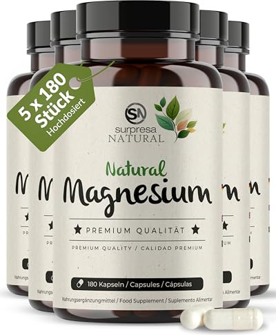 Surpresa Natural Magnesium Kapseln hochdosiert I 5x 180 Kapseln I 700mg Mg. Hydroxid aus Meerwasser I 224mg elementares Magnesium pro Kapsel I Nahrungsergänzungsmittel vegan & laborgeprüft