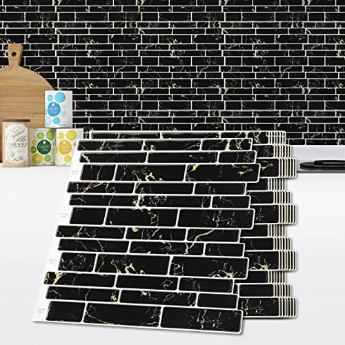 Art3d Keramikfliesen selbstklebend Fliesenaufkleber Küche Bad abziehen und aufkleben Mosaik Vinyl Fliesen Marmor Schwarz 30×30cm