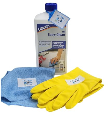 zbs24 Lithofin MN Easy-Clean, Reiniger für Küchenarbeitsplatten, Tische und den Sanitärbereich, Set mit Handschuhen und praktischem Mikrofasertuch 30x30cm (1 x 1 Liter)
