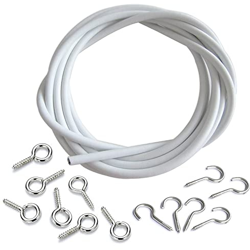 Dtoterul 5M Vorhangdraht Weiß Gardinendraht Curtain Wire Cord Gardinenschnur Kunststoffbeschichteter Gardinendraht mit 6 Stück Schraubenösen und 6 Stück Haken für Gardinenstangen Duschvorhänge