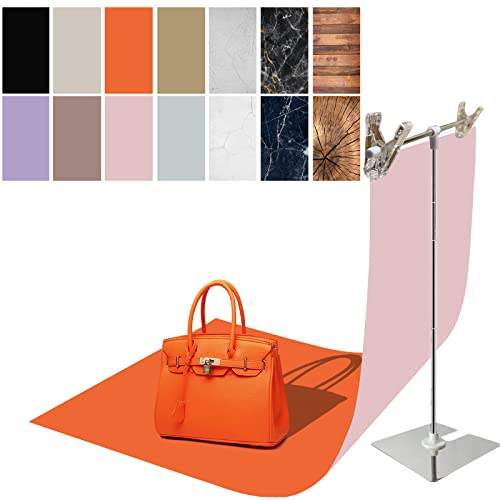 Exzycke 7 st 14 mönster fotografi bakgrundspapper med stativ, 86 x 58 cm dubbelsidig foto bordsbakgrund rekvisita för mat smycken kosmetika smink (svart lila orange)