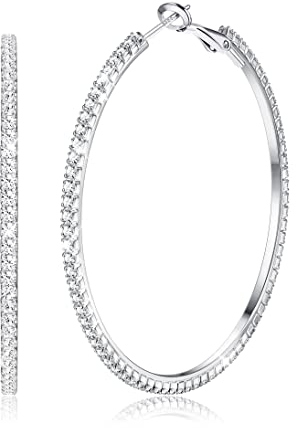 MILACOLATO Silber Creolen Ohrringe für Damen, Funkelnde Cubic Zirkonia Große Creolen Hängeohrringe, 925 Silber Klappohrring Post, Hypoallergen CZ Großer Klappcreolen Ohrringe Schmuck 50mm