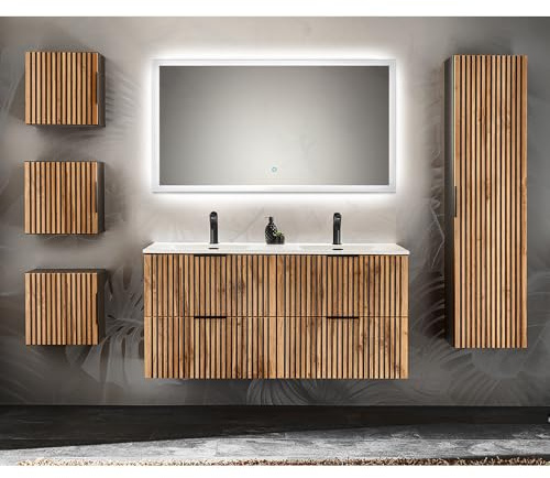 Lomadox Badmöbel Komplett Set Fronten mit Rillen Doppelwaschtisch 121 cm Keramik Waschbecken 3 Hängeschränke Hochschrank Spiegel Beleuchtung anthrazit mit Eiche Nb. schwarz