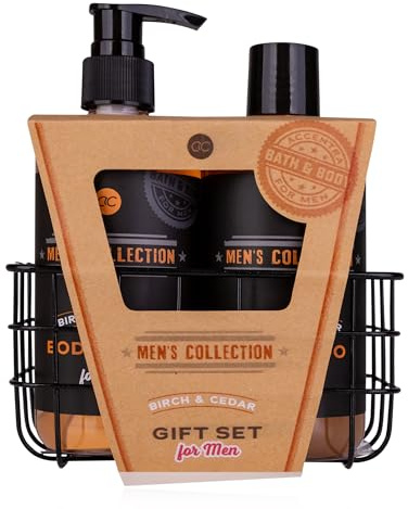 Accentra Geschenkset für Männer MEN'S COLLECTION in Drahtkorb, inkl. 300ml Duschgel in Pumpspender, 300ml Shampoo, Duft: Birke & Zeder - braun