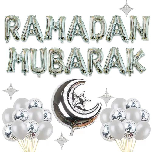 Ramadan Mubarak Silber Ballons Dekoration Set Ramadan Mubarak Banner Eid Latex Luftballons Set Torteneinlagen, Islamic für Party Zubehör