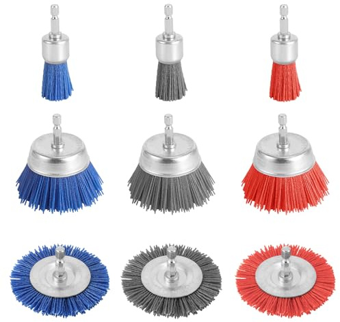 9pcs Nylon Wire Wheel & Cup Brush Set for Drill, 3 Sizes Abrasive Brush with 1/4in Hex Shank for Cleaning Sanding Drill Scrub Brush Attachment Remove Paint 80/100/240 Grit