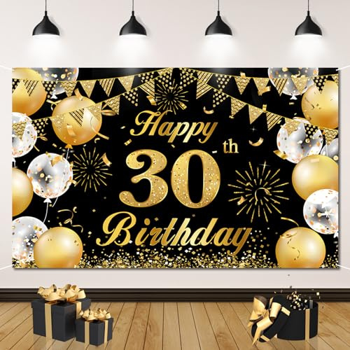 30. Geburtstagsdekoration Schwarz Gold, 30. Geburtstagsbanner, 30. Geburtstag Party Deko für Frau und Herr, 30. Geburtstag Hintergrundbanner, Extra großes Banner aus Stoff, Geburtstagsfeierzubehör