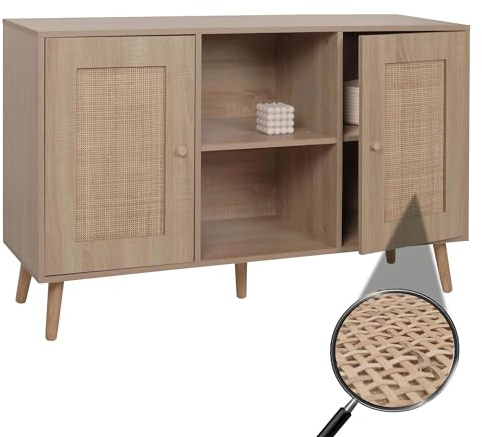 Mendler Sideboard HWC-M42 Kubu Rattan Holz Melamin Eiche-Optik | Schrank, Kommode, Highboard, Staufächer