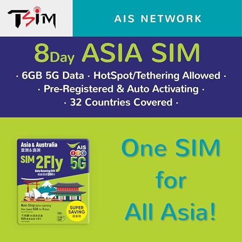 TSIM Tarjeta SIM Asia Data para 8 días con datos de 6 GB | Red AIS 5G | Australia, Japón, Singapur, China, Vietnam, Indonesia | SIM activada automáticamente