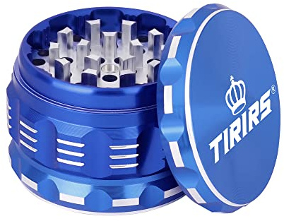 TIRIRS 2.5 Inches 4 Pieces Premium Herb Grinder - Aluminium Large Spice Grinder with Pollen Catcher, Comes with Pollen Scraper and Cleaning Brush, Blue