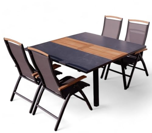 ALEOS. Gartengarnitur Gartenset Aluminium Teak Set mit quadratischem Ausziehtisch 150x110cm auf 150cm ausziehbar + 4 Hochlehner anthrazit Trinidad