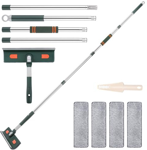 Squeegee Window Squeegee with Scrubber, with 4 Sections Extendable Stainless Steel Pole and 4 Microfiber Pads, for Glass, Shower, Floor, High Window Cleaning