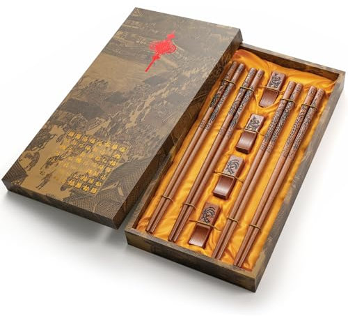 Juego de palillos reutilizables de dragón y fénix con soporte y bolsa de transporte, palillos de madera natural de estilo chino, juego de regalo (4 pares)