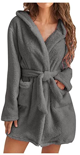 Bademantel Damen Fleece Schlafanzug Winter Pyjama mit Kapuze Elegant Morgenmantel Einfarbig Nachthemd Plüsch Kimono Flauschig Bademäntel Große Größen Loungewear Gürtel Nachtwäsche Hausmantel