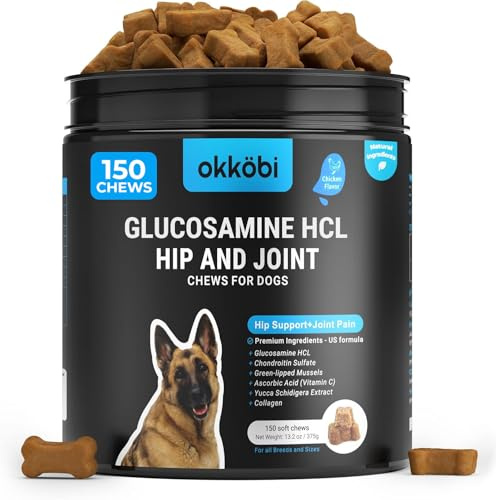 OKKÖBI Glucosamine HCL & Hip and Joint Chews for Dogs - 150 pcs - Advanced Hip and Joint Support for dogs -With MSM & Green Lipped Mussel - Chicken