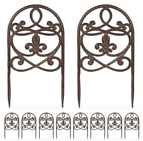 Relaxdays Bordo per Aiuole, Set 10 Recinzioni Ghisa per Prato in Giardino, HxL: 32,5x17,5 cm, Bordure Vintage, Marrone
