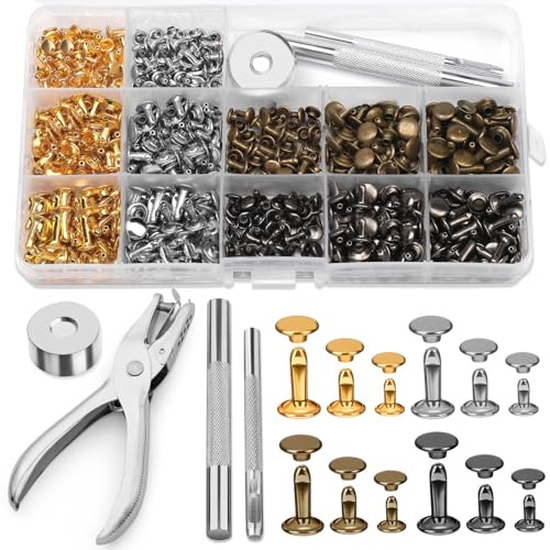 Reovin 240 Set Leder Nieten Set, Doppelkappennieten, 12mm 8mm 6mm 3 Größen Metallnieten Für Leder Mit Lochzange, 4 Farben Hohlnieten Für Lederhandwerk, Heimwerkerarbeiten, Dekoration