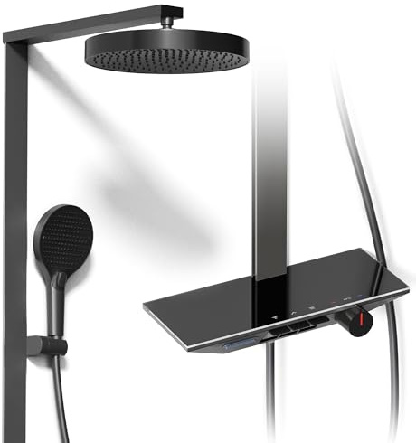 ALPHA HOME Thermostatic Shower Mixer Set Shower Riser Rail Shower Mixer with Twin Heads Adjustable Overhead Rainfall 150 CM Shower Hose, 3 Jet Types Handheld Shower System