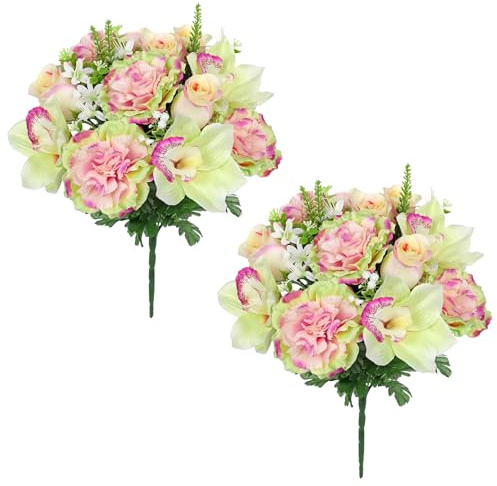 Hollyone 2PCS Artificial Grave Flower Bouquets, Cream Green Silk Peonies Magnolias, Fake Cemetery Ornaments for Graveside, Funeral Floral Bouquet for Outdoor Decorations