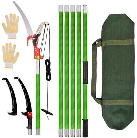 6M Svettatoio telescopico | Lunghezza regolabile, 2-in-1 taglia ramis telescopico manuale con borsa di tela e guanti, Set di attrezzi forestali (Verde/Giallo)