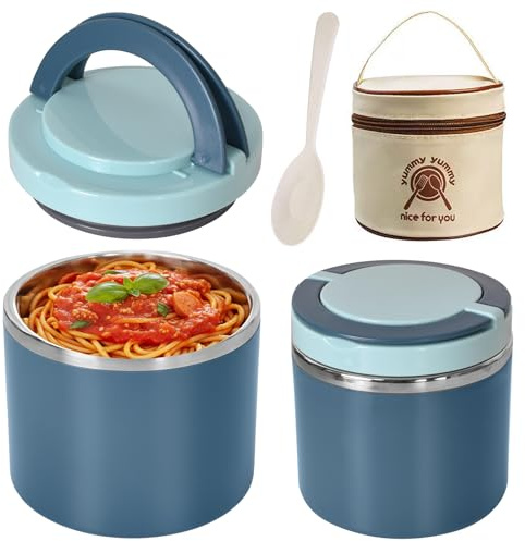 Zimoer Boîte à Lunch Isotherme 630ML en Acier Inoxydable – Grande Capacité, Contenant Alimentaire Hermétique avec Sac Isolé, pour Étudiants et Travail (Bleu)