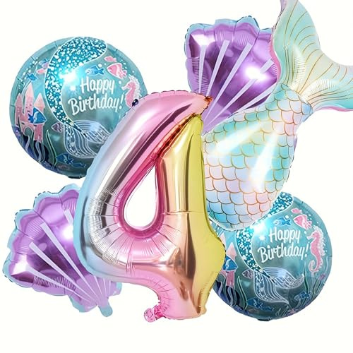 Ovanda 6 Stück Meerjungfrau Luftballon 4 Jahr, Kindergeburtstag Deko Mädchen, Bunt Meerjungfrau Ballon,Geburtstag Folienballon 4,Geburtstag Luftballon für Meerjungfrauen,Meerjungfrauen Thema Party Set