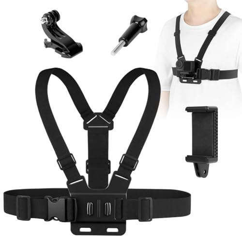 Adiwo Harnais Poitrine Caméra d'action, Fixation de Poitrine pour Caméra l’Action, avec Support de Fixation pour Smartphone, Sangle de Poitrines pour Caméras d'action et Téléphone Portable