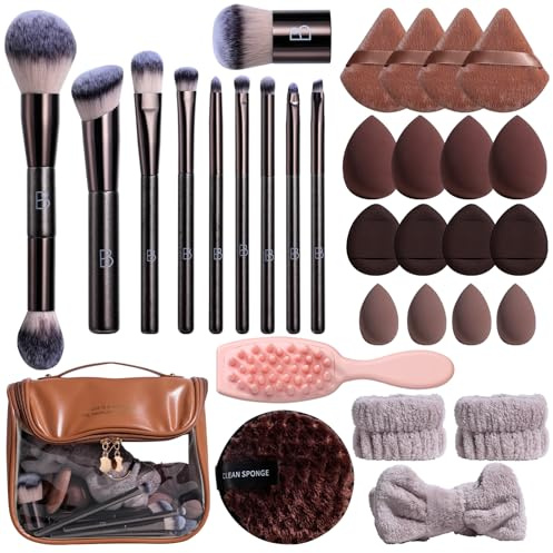 BS-MALL Professional Makeup Brushes Set With Makeup Sponge Set,double-ended Makeup Brush,foundation Brush For Liquid Makeup,kabuki Brush, Shampoo comb And Face Washing Kit,Travel Makeup Bag