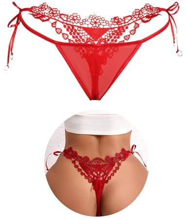 comeondear Mini String Femme Sexy Chic Hot Ficelle G-String Florale Brodée Grande Taille Tanga Taille Basse T-Back Culotte sous-Vêtements Feminins Underwear Rouge,S