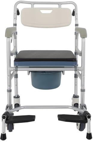 Toilettenstuhl mit Rädern 172kg Belastung Höhenverstellbar als Duschstuhl Rollstuhl und Toilettenstuhl für Senioren Silber