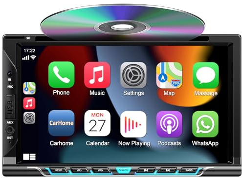 Double Din Car Radio with CD/DVD Player, 7-inch Touch Screen Car Stereo with Wireless CarPlay&Android Auto Support Bluetooth5.2, Backup Camera, Mirror Link, Subwoofer, SWC, AM/FM Car Radio Receiver