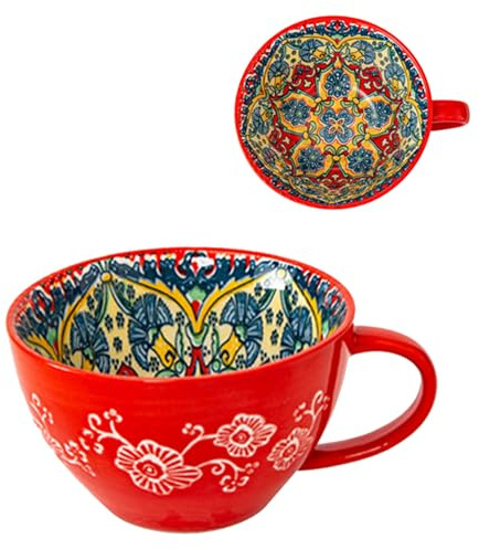Bibykivn Taza de Sopa de Cerámica 400 ml con Asa, Cuenco de Sopa de Cerámica Pintado a Mano, Resistente al Horno y Microondas - Para Desayuno, Muesli, Postre, Leche, Frutas y Ensalada (YSDE)