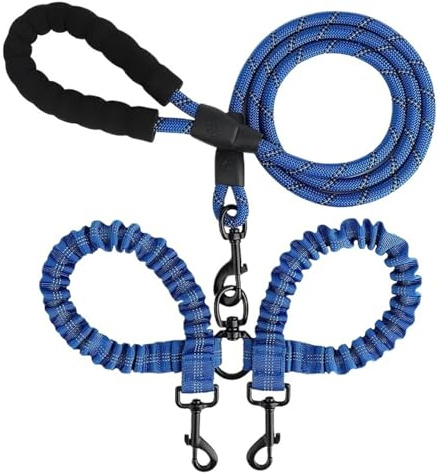 Dubbelkoppel för husdjur, hund, elastiskt rep, två huvuden, nylon, ett drag, husdjur, handhållande rep, anti-lindning, elastiskt hundkoppel (djupblå)