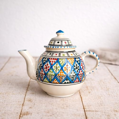 Teiera in Ceramica Tunisina Dipinta a Mano Artigianale 1 Litro - Teapot Design Geometrico Berbero Colorato per Tè alla Menta Infusi Ø20cm h.22cm - Decorazioni Etniche Mediterranee 3012251100