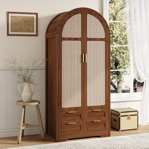 LinoraFurn Moderner Kleiderschrank mit gebogenen Türen,Großzügiger Stauraum,Mit Kleiderstange und Schubladen,Luxuriöser Kleiderschrank,Geeignet für Schlafzimmer und Eingangsbereiche (Nussbaum)