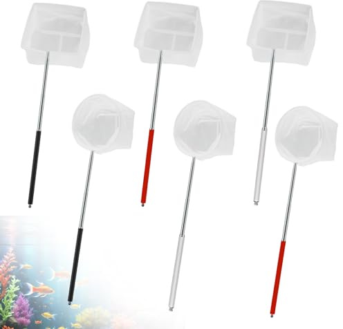 6 Stück Klein Kescher Aquarium, 6.5/8cm Kleines Garnelennetz Fischernetz mit Rutschfester Gummi Teleskopstiel Runde/Quadratische Aquarium Zubehör für Teich Fischbecken Kleine Pools