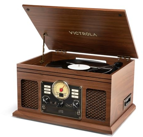 Victrola The Quincy 6-in-1 Bluetooth Record Player & Multimedia Center with Built-in Speakers – 3-Speed Turntable, CD & Cassette Player, FM Radio, Wireless Music Streaming (Walnut)