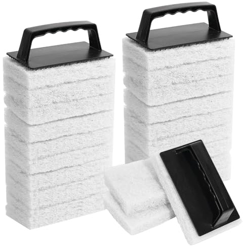 DELORIGIN 24pcs Handled Bath Scrubber Set Non-Scratch Bathroom Scrubbing Pads Cleaning Abrasive Sponge Pad with Handle for Shower Tile Bathtube Sink Spas Tubs Swimming Pool Step Corner Kitchen