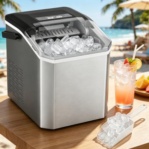 Ice Maker Machine Countertop, with Ice Basket & Scoop, 9 Bullet Cubes in 7-8 Mins, 12kg/Day, Two Ice Sizes, Self-Cleaning & Smart Control, Portable Ice Maker with Handle, for Home Kitchen Office RV