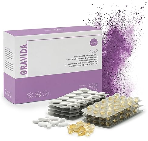 GRAVIDA Folsäure 800 µg VEGAN für Kinderwunsch, Schwangerschaft & Stillzeit - DHA EPA (Omega-3), Vitamin D & B12, 2-Monatspackung