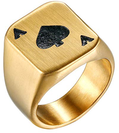 Flongo Herrenring Männer Ring Daumenring, Edelstahl Ring Bandring Siegel Ringe Biker Silber Gold Pik-Ass Spielkarte Pik A Spades A Poker Karten Herren-Accessoires