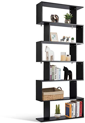 CASART 5/6 Tier Wooden Bookcase, Free Standing Shelving Stand Rack, S-Shaped Bookshelf Storage Display Unit (Black, 80 x 23 x 192cm)