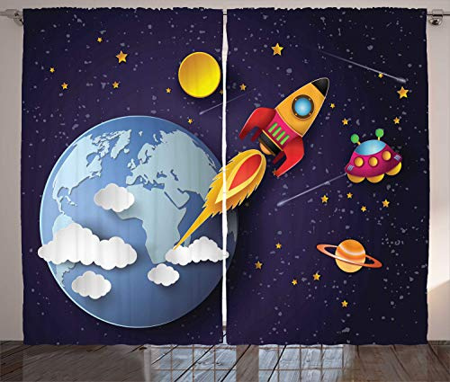 ABAKUHAUS Platz Rustikaler Gardine, Rakete Erde Sterne UFO, Schlafzimmer Kräuselband Vorhang mit Schlaufen und Haken, 280 x 225 cm, Nachtblau