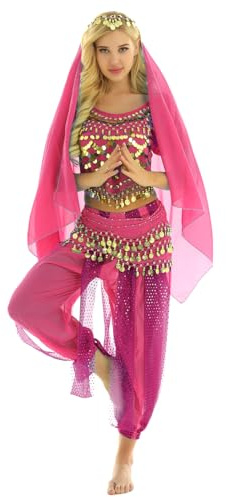Yeahdor Damen Bauchtanz Kostüm Set Pailletten Bauchtanz Oberteil mit Mützen Haremshose Hüftschal Schleier Karneval Fasching Cosplay Party Verkleidung