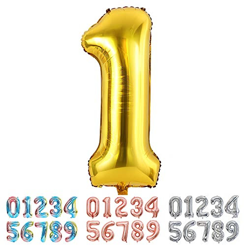Ponmoo Foil Ballon Chiffre 1 Or, Grands Doré Numéro 0 1 2 3 4 5 7 8 10-19 20-29 30-39 40 50 60 70 80 90 100, Décoration de Ballons Géants pour Mariages Party et Anniversaires Fête