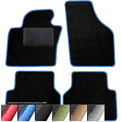 moto-MOLTICO Fußmatten Auto - Velours Autoteppiche | passend für Mini One Cooper (2001-2006) - 4-teiliges Set - Schwarze Automatten mit Blauen Ziernähten
