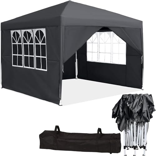 LARS360 3x3m Faltpavillon, Gartenpavillon, Faltbarer Pavillon mit Seitenteilen, Gartenzelt Partyzelt, Sonnenschutz aus wasserdichtem Oxford und Stahl für Garten, Hochzeit, Feiertag, Party, Anthrazit
