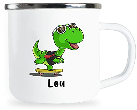 Lou Personalisierte Kindertasse mit Name und lustigem Dinosaurier Motiv Emaille Tasse individuelle Geschenke Kind Geburtstag Junge Mädchen Metallbecher Emailletasse Geschenkidee